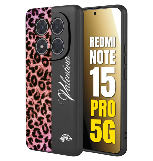 CUSTOMIZZA - Custodia cover nera morbida in tpu compatibile per Xiaomi Redmi Note 15 PRO 5G leopardato rosa fucsia personalizzata nome iniziali