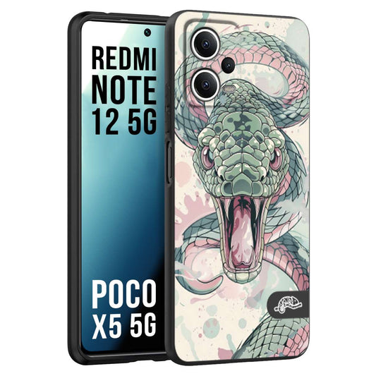 CUSTOMIZZA - Custodia cover nera morbida in tpu compatibile per Xiaomi Redmi Note 12 5G - POCO X5 5G snake pink green serpente tatuaggio tattoo disegnato a mano