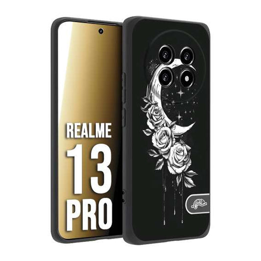 CUSTOMIZZA - Custodia cover nera morbida in tpu compatibile per Realme 13 PRO luna e fiori moon flowers black and white bianco a rilievo disegnato