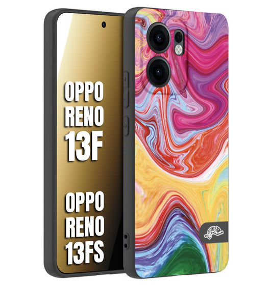 CUSTOMIZZA - Custodia cover nera morbida in tpu compatibile per Oppo Reno 13 F colorata fantasia vortice marmo onde verde fucsia gialla