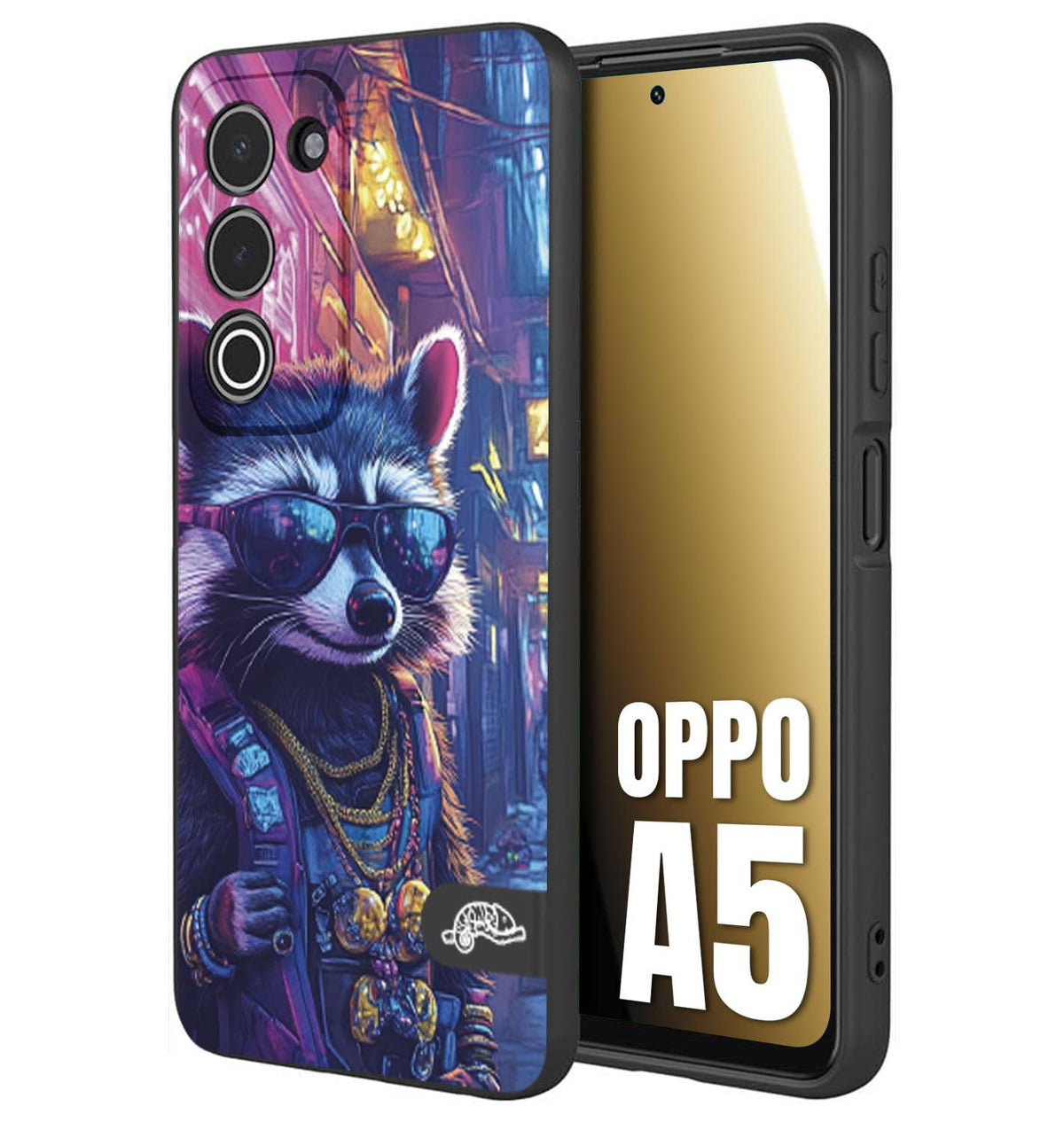 CUSTOMIZZA - Custodia cover nera morbida in tpu compatibile per Oppo A5 animali simpatici cyberpunk procione racoon street cat fucsia blu giallo