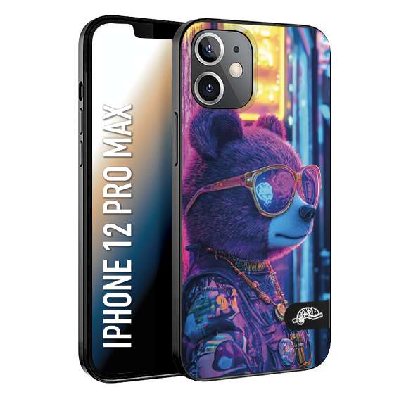 CUSTOMIZZA - Custodia cover nera morbida in tpu compatibile per iPhone 12 PRO MAX animali cyberpunk orsetto orso street bear fucsia blu night