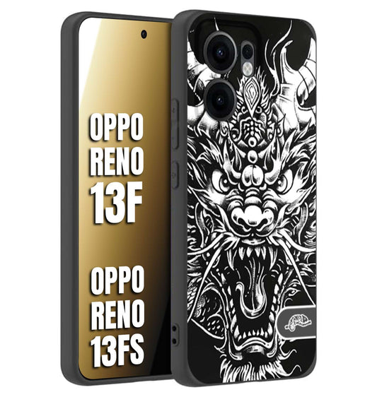 CUSTOMIZZA - Custodia cover nera morbida in tpu compatibile per Oppo Reno 13 F drago black and white bianco a rilievo disegnato tattoo tatuaggio