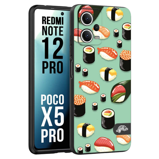 CUSTOMIZZA - Custodia cover nera morbida in tpu compatibile per Xiaomi Redmi Note 12 PRO - POCO X5 PRO sushi disegni giapponese nighiri acquamarina verde