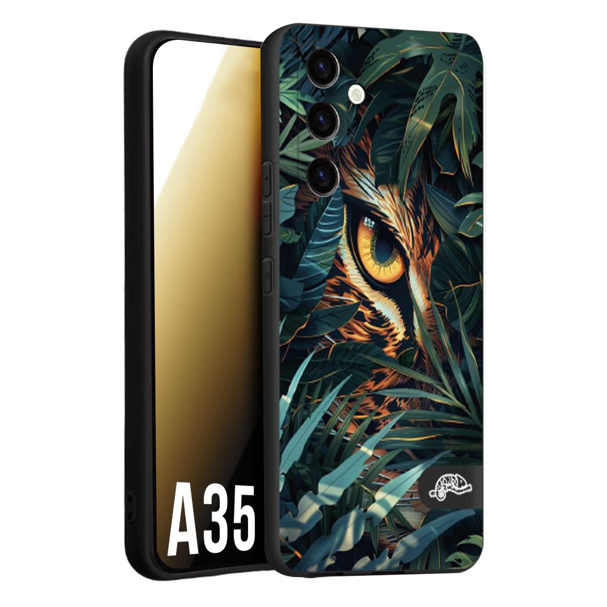 CUSTOMIZZA - Custodia cover nera morbida in tpu compatibile per Samsung A35 5G animali color giungla tropicale occhio di giaguaro felino disegnato
