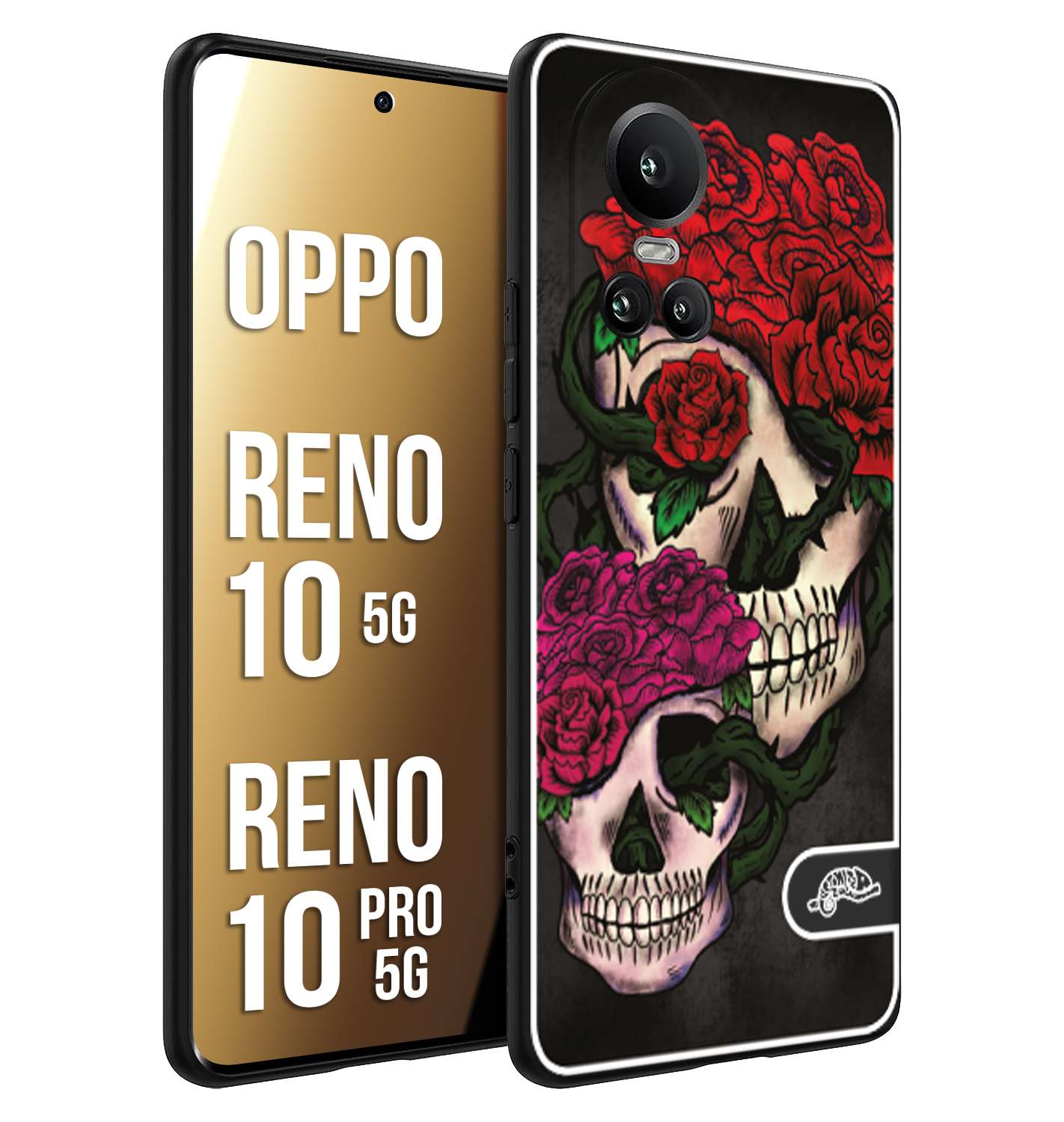 CUSTOMIZZA - Custodia cover nera morbida in tpu compatibile per Oppo Reno 10 5G - 10 PRO 5G teschi e rose rosse fucsia skull and roses