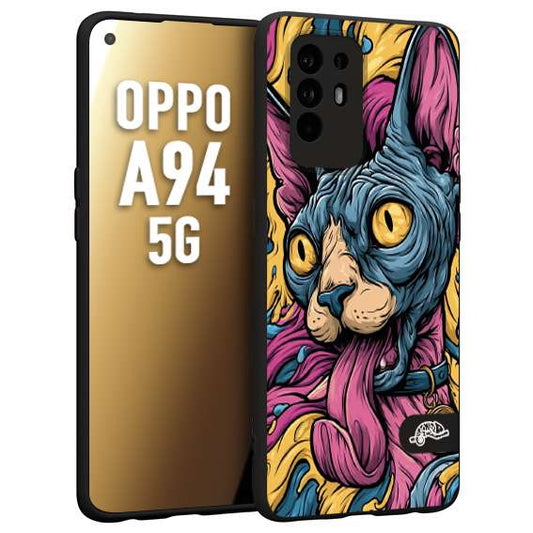 CUSTOMIZZA - Custodia cover nera morbida in tpu compatibile per Oppo A94 5G Sphynx Colorato Pop Art Psichedelico Gatto Blu Rosa Giallo Artistica Fantasy