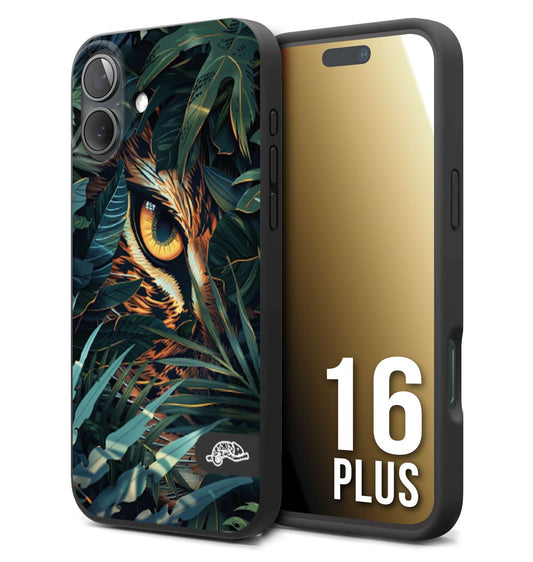 CUSTOMIZZA - Custodia cover nera morbida in tpu compatibile per iPhone 16 PLUS animali color giungla tropicale occhio di giaguaro felino disegnato