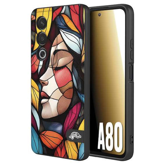 CUSTOMIZZA - Custodia cover nera morbida in tpu compatibile per Oppo A80 Vetrata artistica volto di donna profilo fogliare mosaico di vetro colorato