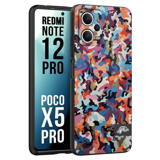 CUSTOMIZZA - Custodia cover nera morbida in tpu compatibile per Xiaomi Redmi Note 12 PRO - POCO X5 PRO camouflage mimetico militare moderno blu arancio rosa