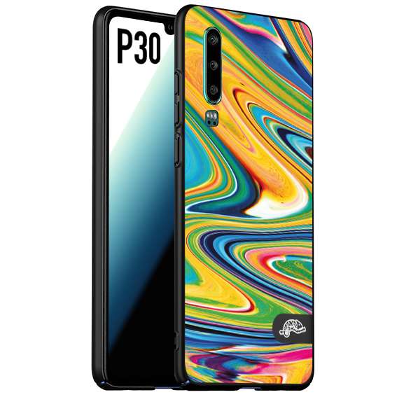 CUSTOMIZZA - Custodia cover nera morbida in tpu compatibile per Huawei P30 colorata fantasia vortice marmo arcobaleno gialla verde blu