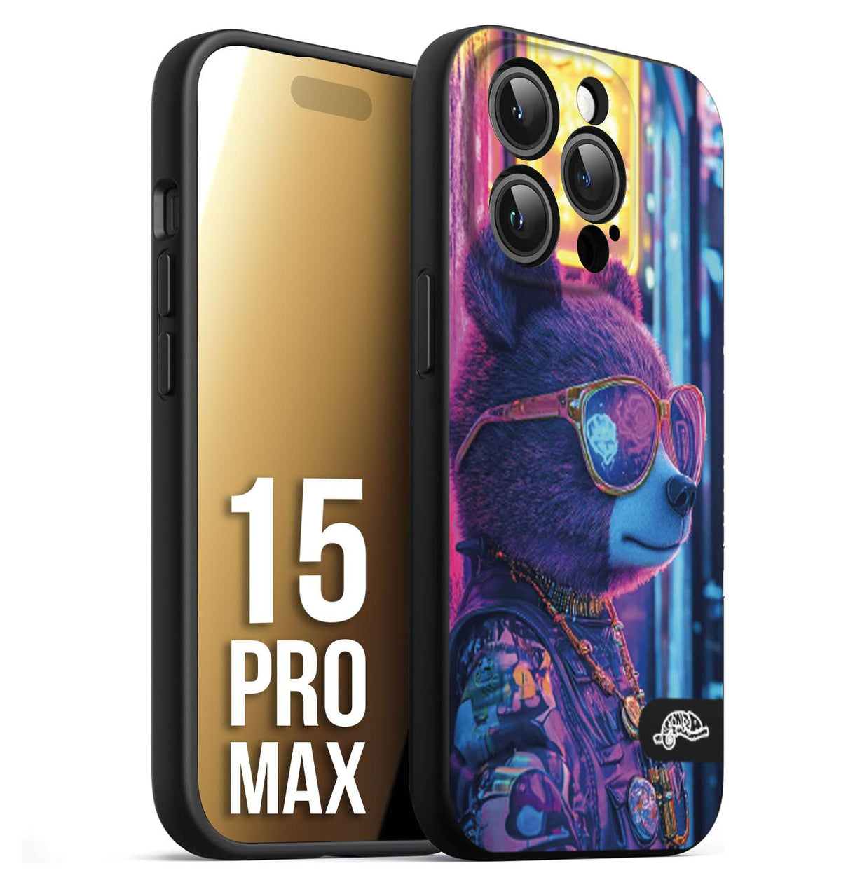 CUSTOMIZZA - Custodia cover nera morbida in tpu compatibile per iPhone 15 PRO MAX animali cyberpunk orsetto orso street bear fucsia blu night