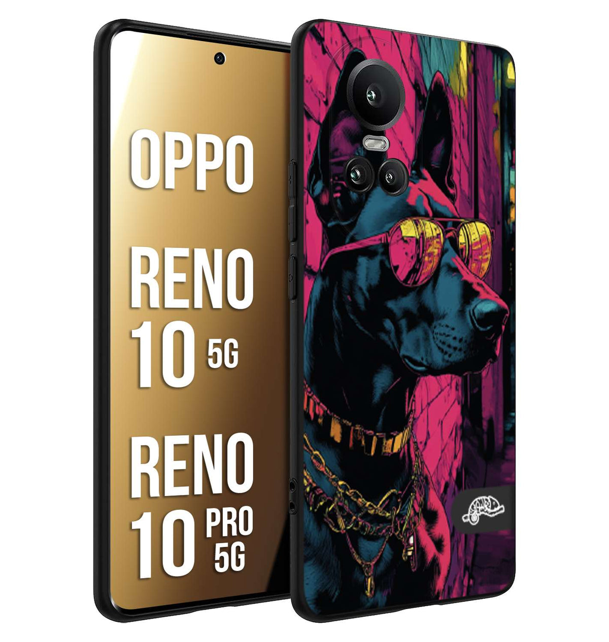 CUSTOMIZZA - Custodia cover nera morbida in tpu compatibile per Oppo Reno 10 5G - 10 PRO 5G animali cyberpunk dobermann cane street dog fucsia blu