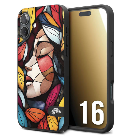 CUSTOMIZZA - Custodia cover nera morbida in tpu compatibile per iPhone 16 Vetrata artistica volto di donna profilo fogliare mosaico di vetro colorato
