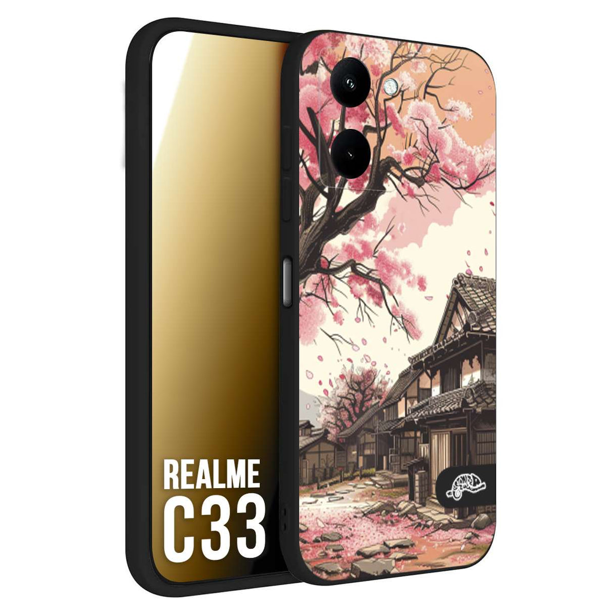 CUSTOMIZZA - Custodia cover nera morbida in tpu compatibile per Realme C33 casa giapponese rosa ciliegio in fiore disegnata tattoo