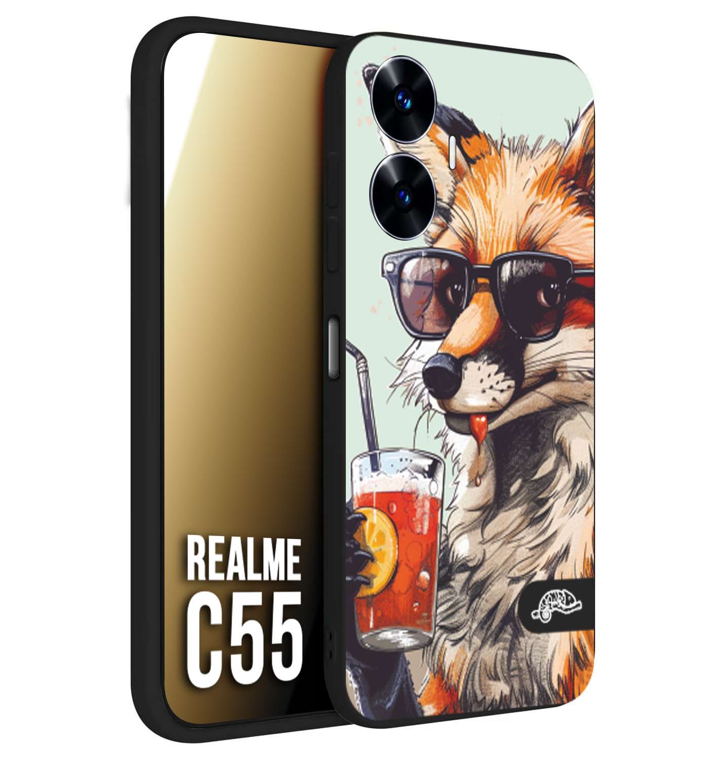 CUSTOMIZZA - Custodia cover nera morbida in tpu compatibile per Oppo C55 estate disegnata cocktails animali simpatici fox volpe negroni