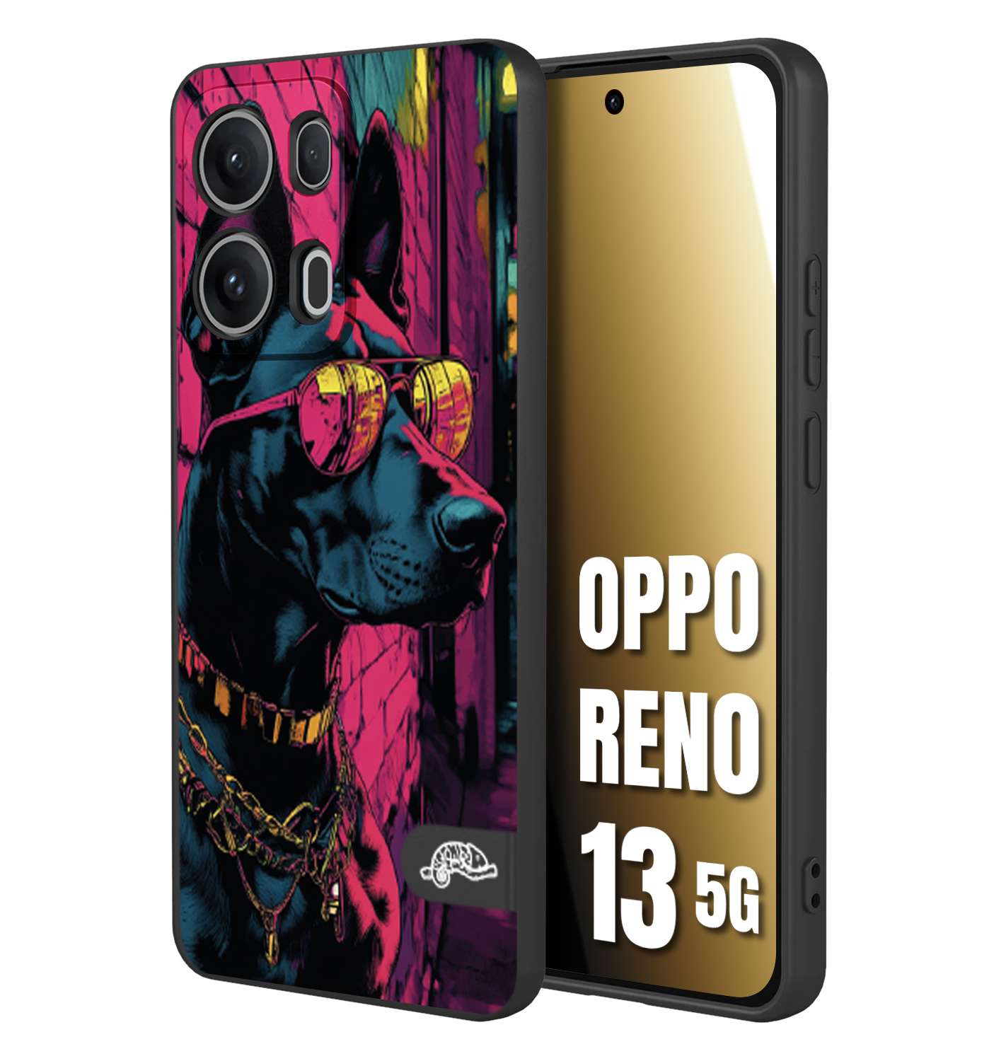CUSTOMIZZA - Custodia cover nera morbida in tpu compatibile per Oppo Reno 13 5G animali cyberpunk dobermann cane street dog fucsia blu
