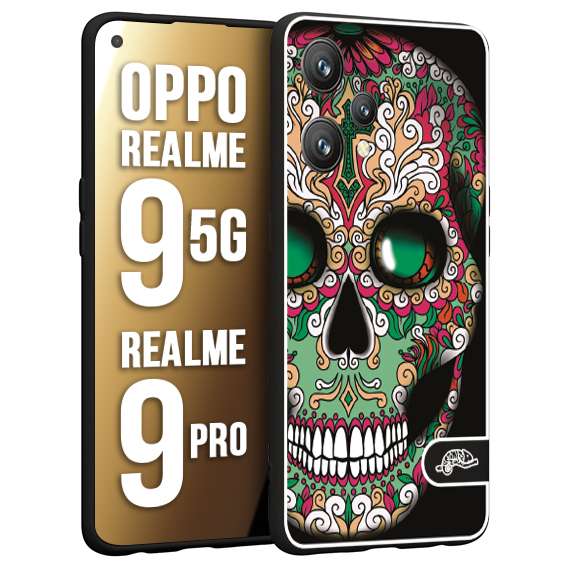 CUSTOMIZZA - Custodia cover nera morbida in tpu compatibile per Realme 9 5G - 9 PRO teschio messicano Mexican skull verde fucsia