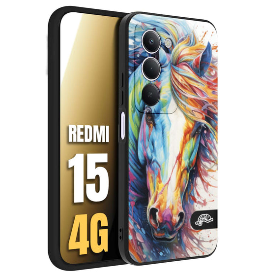 CUSTOMIZZA - Custodia cover nera morbida in tpu compatibile per Xiaomi Redmi 15 4G animali color cavallo horse viso colori vibranti disegnato schizzo