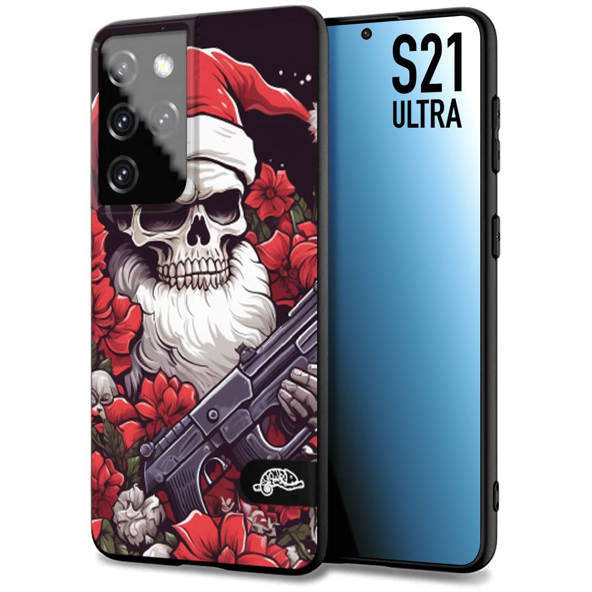 CUSTOMIZZA - Custodia cover nera morbida in tpu compatibile per Samsung S21 ULTRA teschio natale santa claus fiori tattoo disegnato