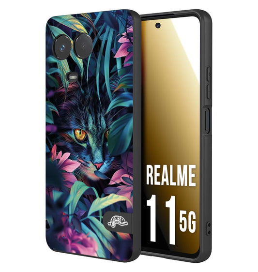 CUSTOMIZZA - Custodia cover nera morbida in tpu compatibile per Realme 11 5G animali color giungla tropicale occhio di gatto colori vibranti disegnato