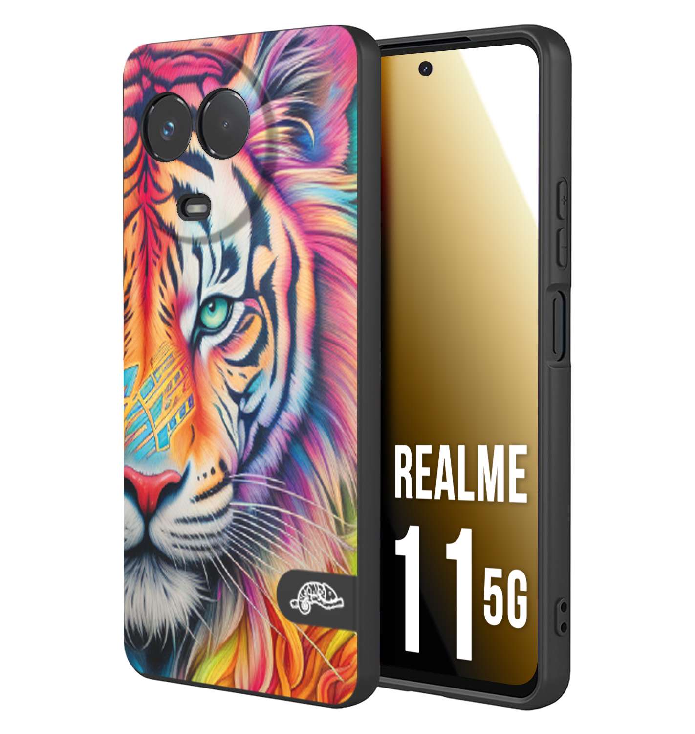 CUSTOMIZZA - Custodia cover nera morbida in tpu compatibile per Oppo Realme 11 5G animali color tigre tiger viso colori vibranti disegnato schizzo