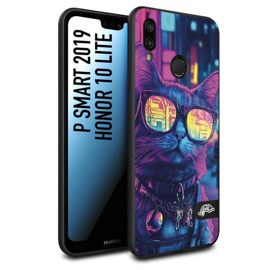 CUSTOMIZZA - Custodia cover nera morbida in tpu compatibile per Huawei P Smart 2019 animali cyberpunk gatto street cat fucsia blu giallo