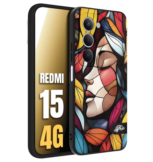 CUSTOMIZZA - Custodia cover nera morbida in tpu compatibile per Xiaomi Redmi 15 4G Vetrata artistica volto di donna profilo fogliare mosaico di vetro colorato