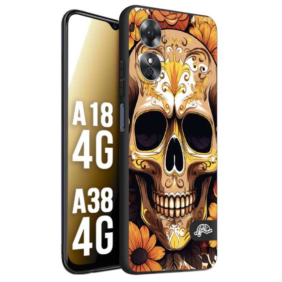 CUSTOMIZZA - Custodia cover nera morbida in tpu compatibile per Oppo A18 4G - A38 4G teschio messicano colorato dorato fiori tattoo disegnato