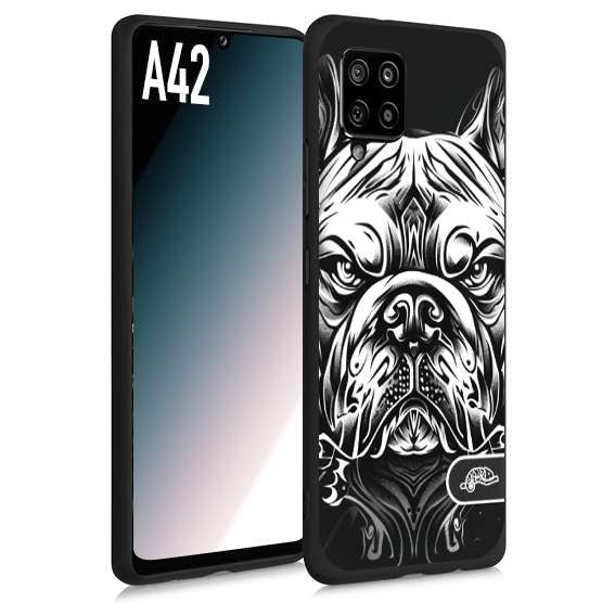 CUSTOMIZZA - Custodia cover nera morbida in tpu compatibile per Samsung A42 bulldog bianco a rilievo disegnato tattoo tatuaggio