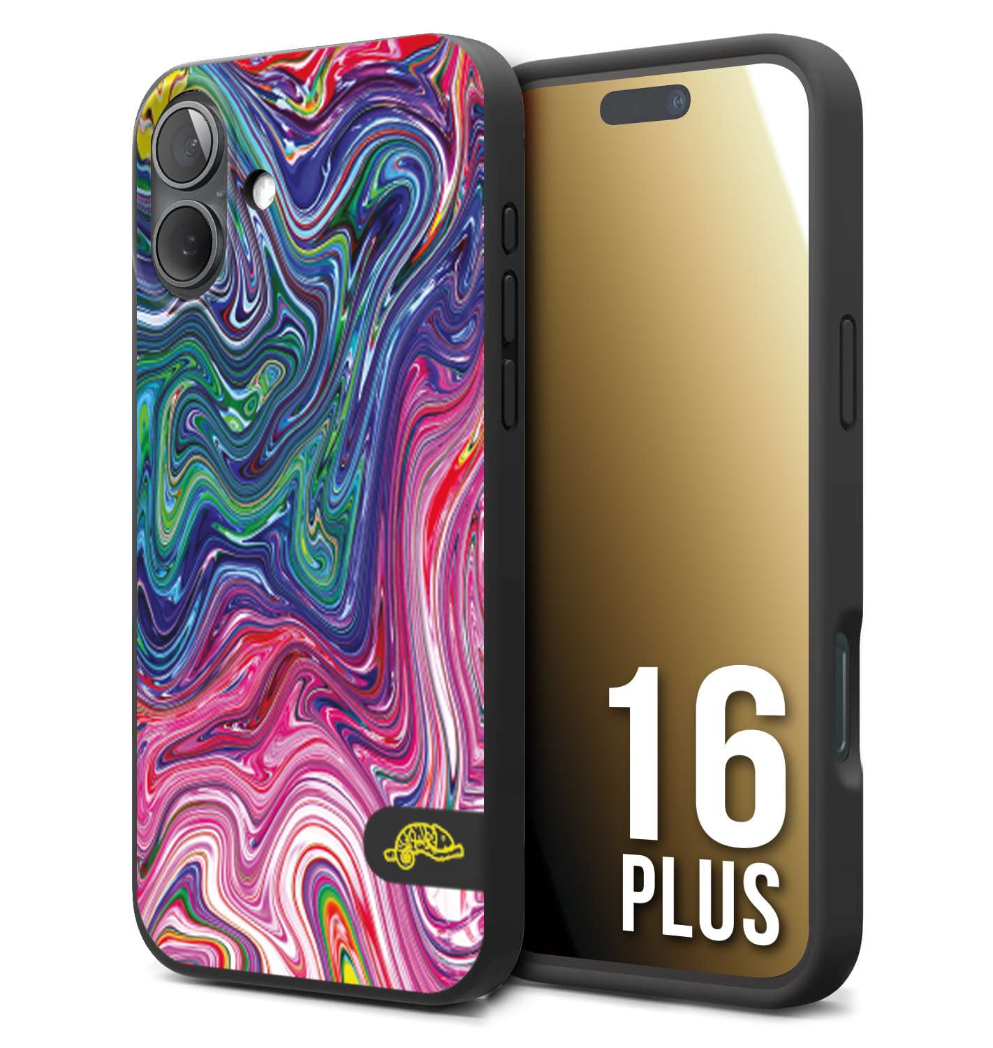 CUSTOMIZZA - Custodia cover nera morbida in tpu compatibile per iPhone 16 PLUS colorata fantasia vortice marmo arcobaleno rosa blu fucsia