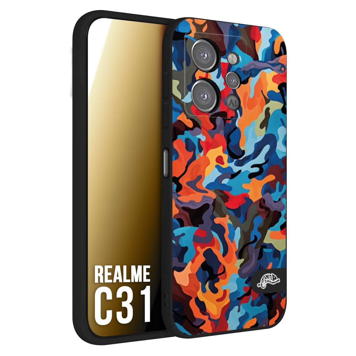 CUSTOMIZZA - Custodia cover nera morbida in tpu compatibile per Oppo Realme C31 camouflage mimetico militare moderno blu arancio rosso