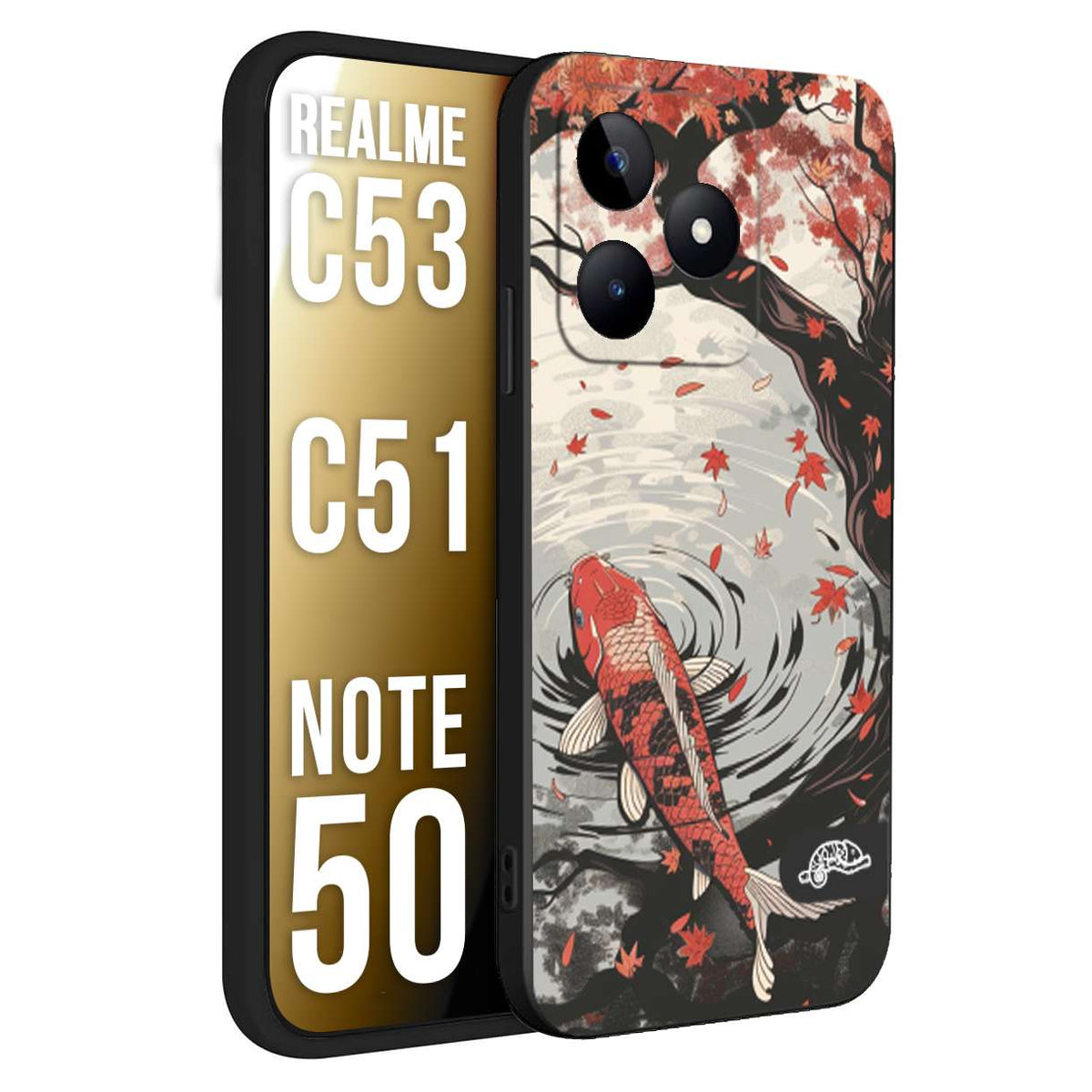 CUSTOMIZZA - Custodia cover nera morbida in tpu compatibile per Realme C53 - C51 - NOTE 50 giapponese lago carpa koi rossa con foglie d'acero rosso disegnata tattoo