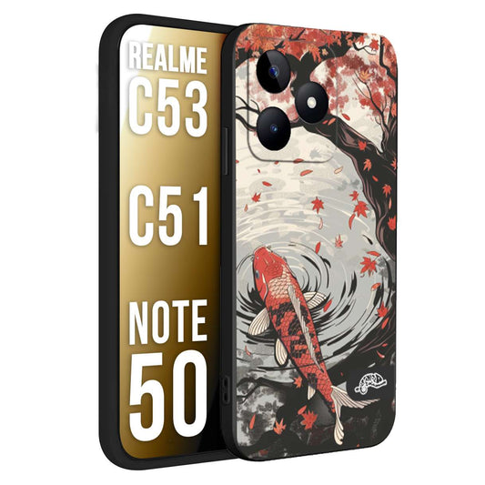 CUSTOMIZZA - Custodia cover nera morbida in tpu compatibile per Realme C53 - C51 - NOTE 50 giapponese lago carpa koi rossa con foglie d'acero rosso disegnata tattoo