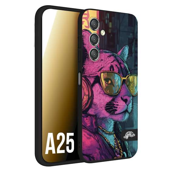 CUSTOMIZZA - Custodia cover nera morbida in tpu compatibile per Samsung A25 animali cyberpunk pantera street cat fucsia blu giallo