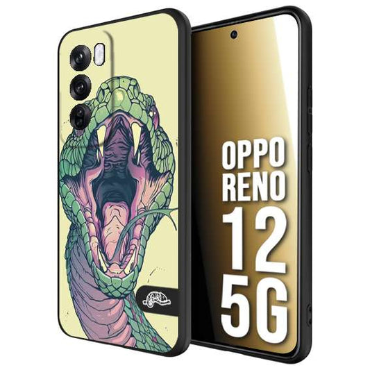CUSTOMIZZA - Custodia cover nera morbida in tpu compatibile per Oppo Reno 12 5G snake yellow green serpente tatuaggio tattoo disegnato a mano