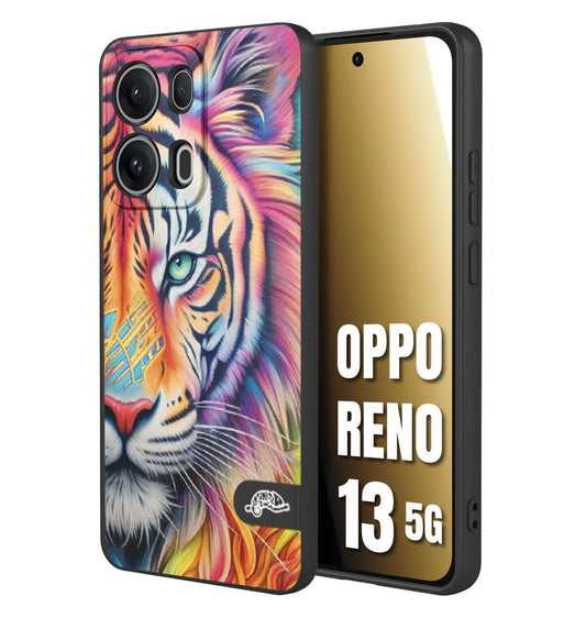 CUSTOMIZZA - Custodia cover nera morbida in tpu compatibile per Oppo Reno 13 5G animali color tigre tiger viso colori vibranti disegnato schizzo