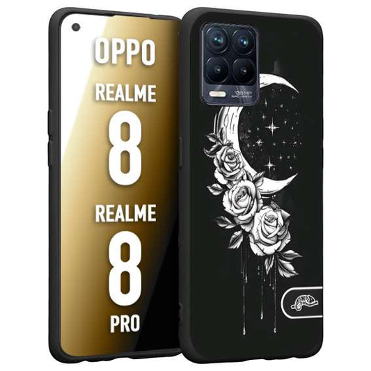 CUSTOMIZZA - Custodia cover nera morbida in tpu compatibile per Oppo Realme 8 - 8 PRO luna e fiori moon flowers black and white bianco a rilievo disegnato tattoo tatuaggio