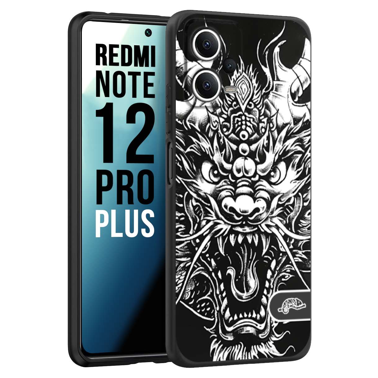 CUSTOMIZZA - Custodia cover nera morbida in tpu compatibile per Xiaomi Redmi Note 12 PRO PLUS drago black and white bianco a rilievo disegnato tattoo tatuaggio