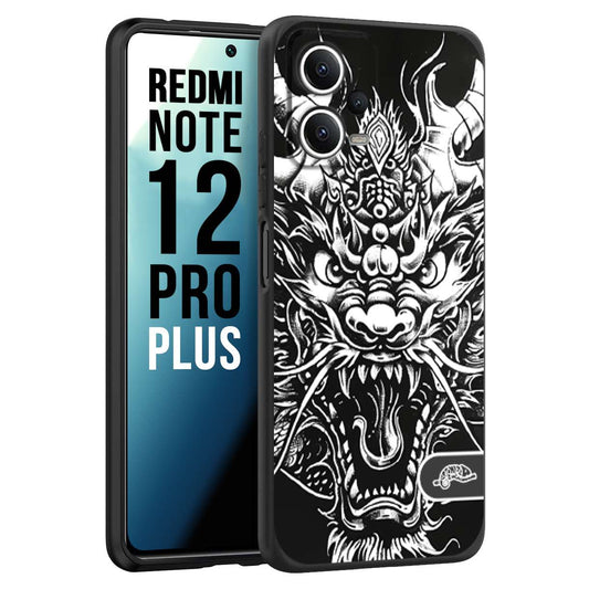 CUSTOMIZZA - Custodia cover nera morbida in tpu compatibile per Xiaomi Redmi Note 12 PRO PLUS drago black and white bianco a rilievo disegnato tattoo tatuaggio