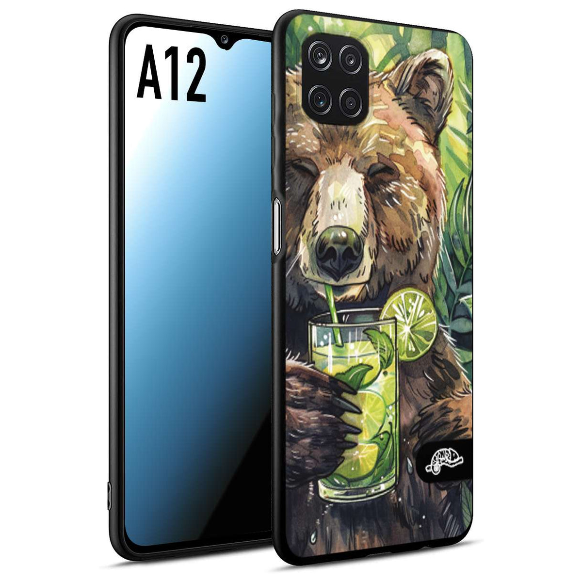 CUSTOMIZZA - Custodia cover nera morbida in tpu compatibile per Samsung A12 fiori estate disegnata cocktails animali simpatici orso bear negroni