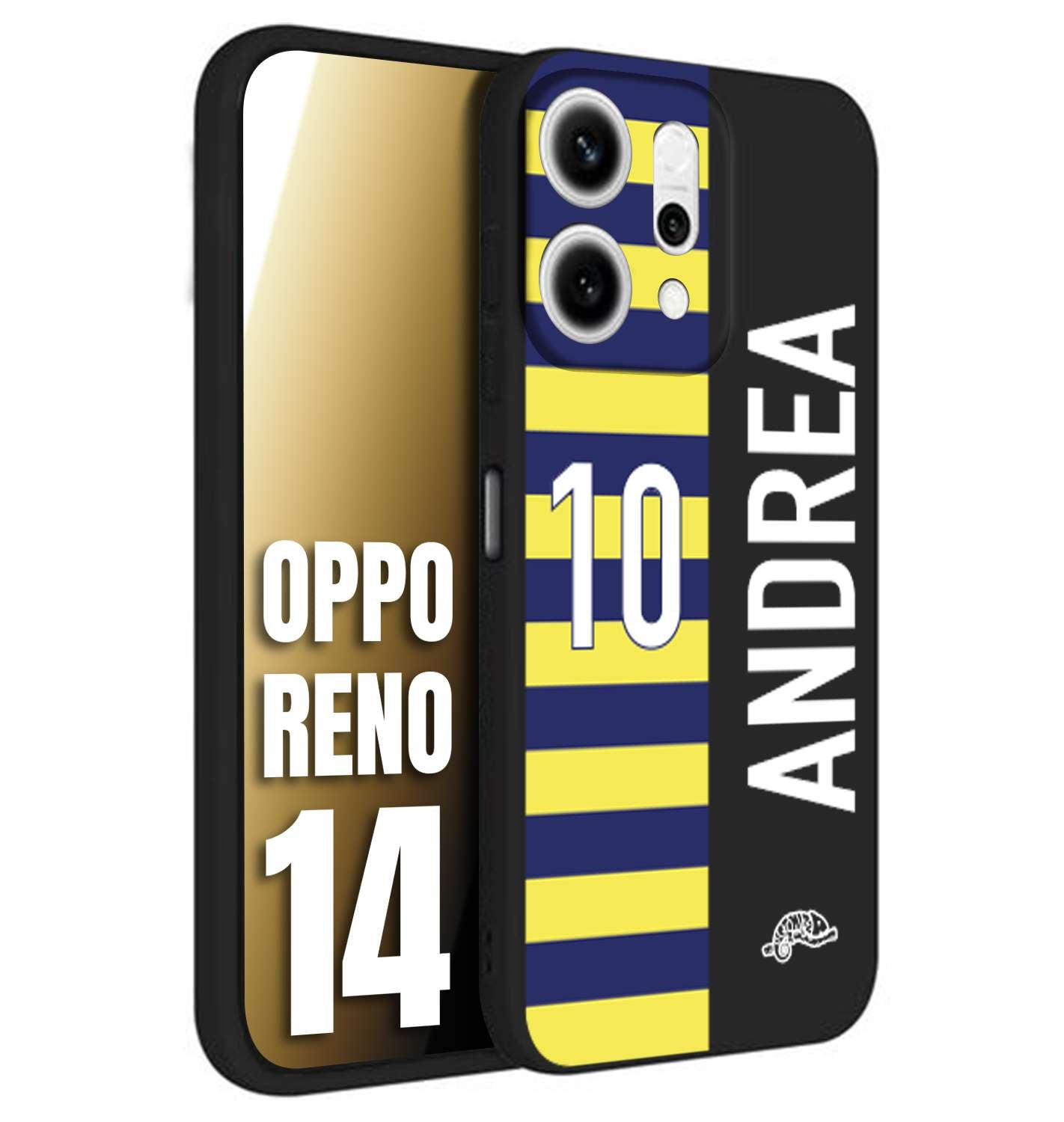 CUSTOMIZZA - Custodia cover nera morbida in tpu compatibile per Oppo Reno 14 personalizzata calcio football nome e numero calciatori giallo blu