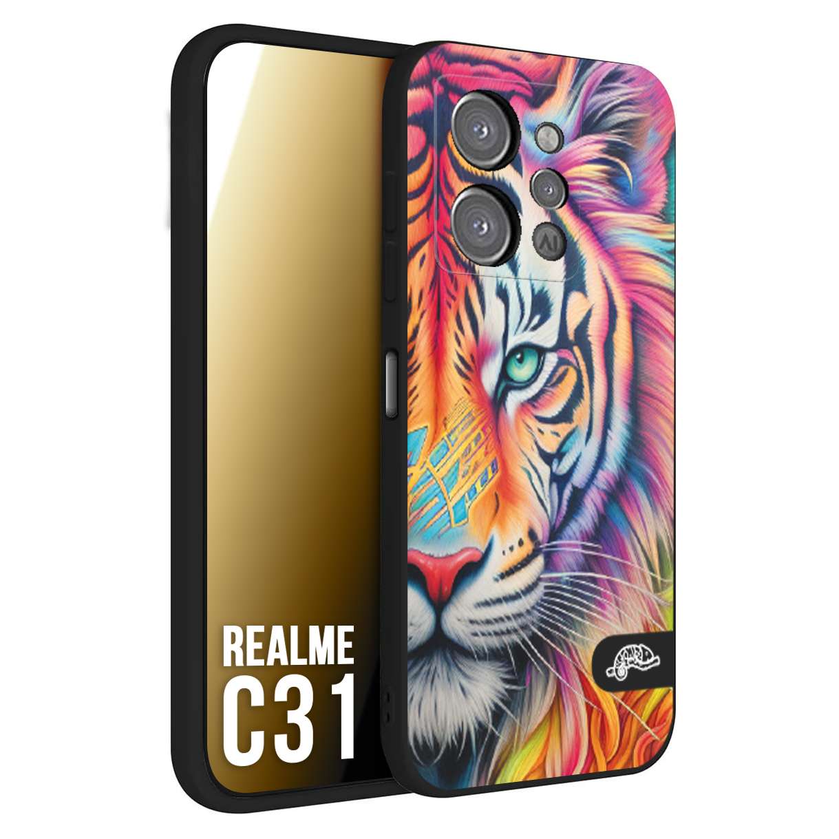 CUSTOMIZZA - Custodia cover nera morbida in tpu compatibile per Oppo Realme C31 animali color tigre tiger viso colori vibranti disegnato schizzo