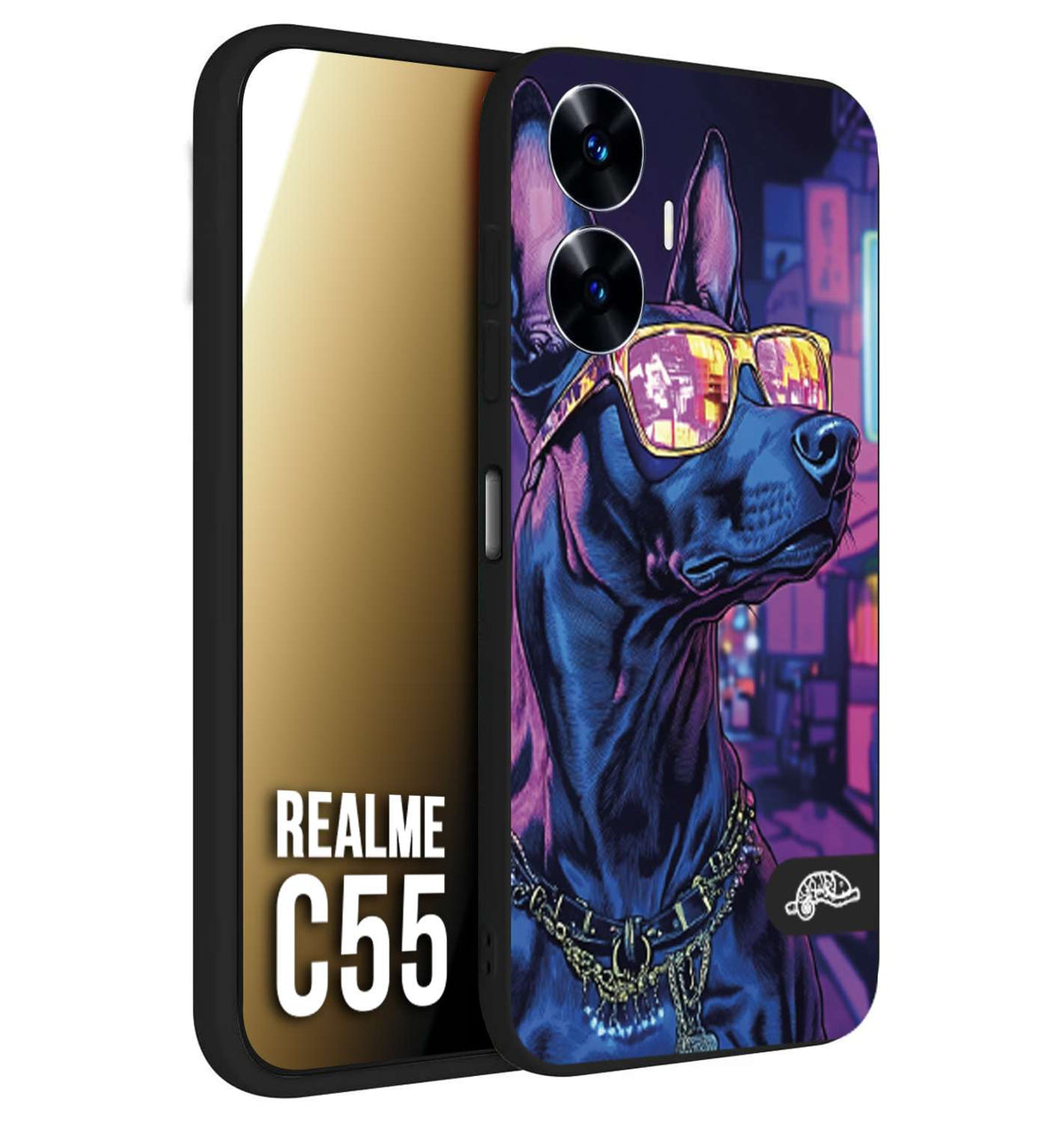 CUSTOMIZZA - Custodia cover nera morbida in tpu compatibile per Realme C55 animali cyberpunk dobermann cane street dog fucsia blu night