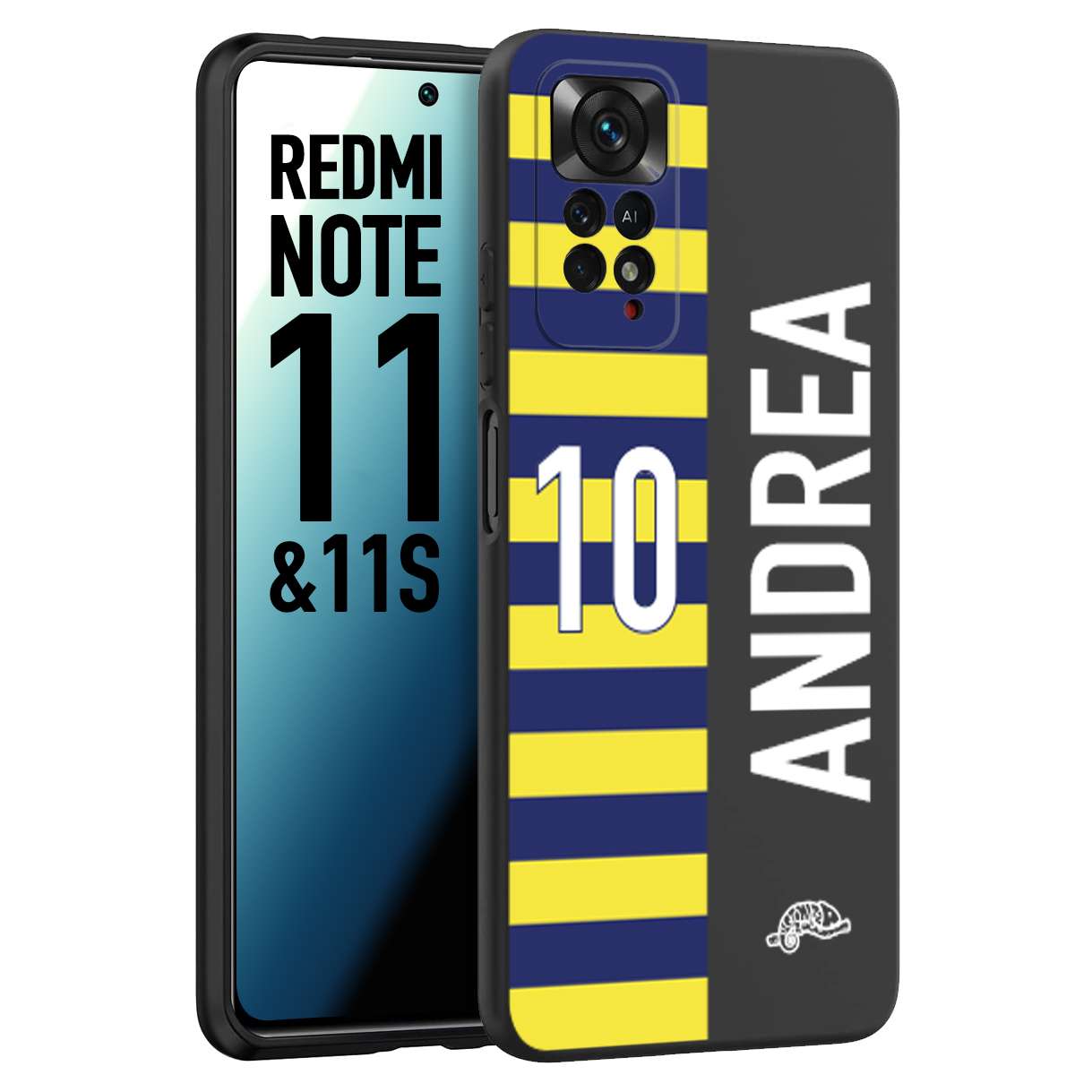 CUSTOMIZZA - Custodia cover nera morbida in tpu compatibile per Xiaomi Redmi Note 11 -  Note 11S personalizzata calcio football nome e numero calciatori giallo blu