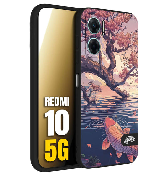 CUSTOMIZZA - Custodia cover nera morbida in tpu compatibile per Xiaomi Redmi 10 5G giapponese lago carpa koi rosa con foglie d'acero disegnata tattoo