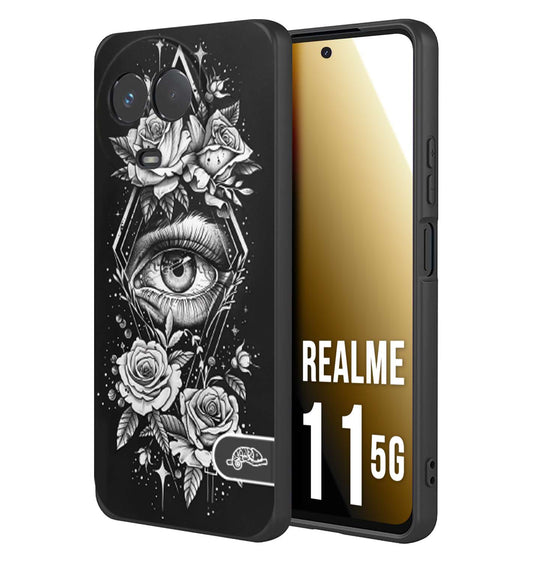 CUSTOMIZZA - Custodia cover nera morbida in tpu compatibile per Oppo Realme 11 5G occhio fiori rombo geometrico black and white bianco a rilievo disegnato tattoo tatuaggio