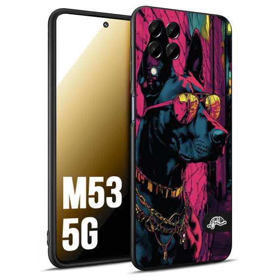 CUSTOMIZZA - Custodia cover nera morbida in tpu compatibile per Samsung M53 5G animali cyberpunk dobermann cane street dog fucsia blu