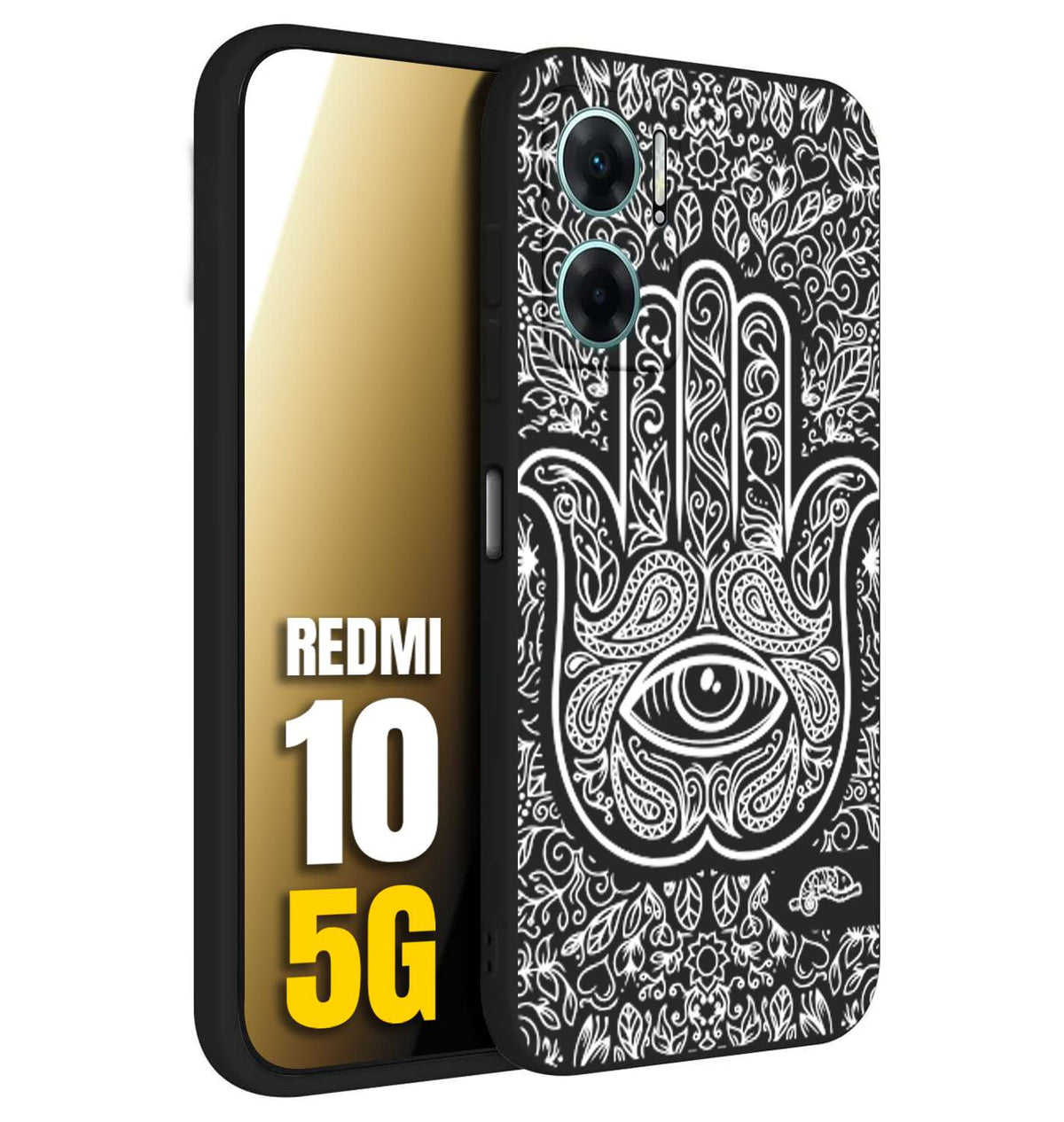 CUSTOMIZZA - Custodia cover nera morbida in tpu compatibile per Xiaomi Redmi 10 5G mano di fatima effetto rilievo mandala donna