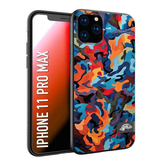 CUSTOMIZZA - Custodia cover nera morbida in tpu compatibile per iPhone 11 PRO MAX camouflage mimetico militare moderno blu arancio rosso